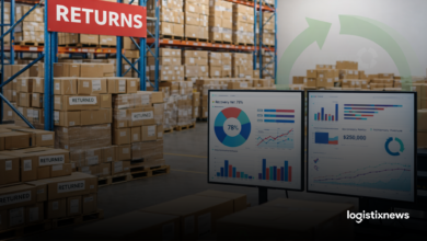 Centro logístico con devoluciones gestionadas mediante B2B recommerce y logística inversa.